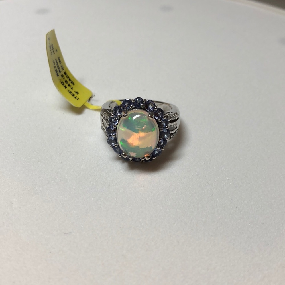 Welo Opal Ring with Diamonds and Tanzanite